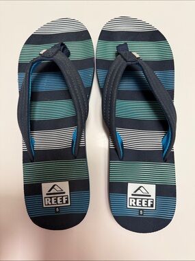 Reef Boys Navy, Teal & White Striped Flip Flops - Size 5
